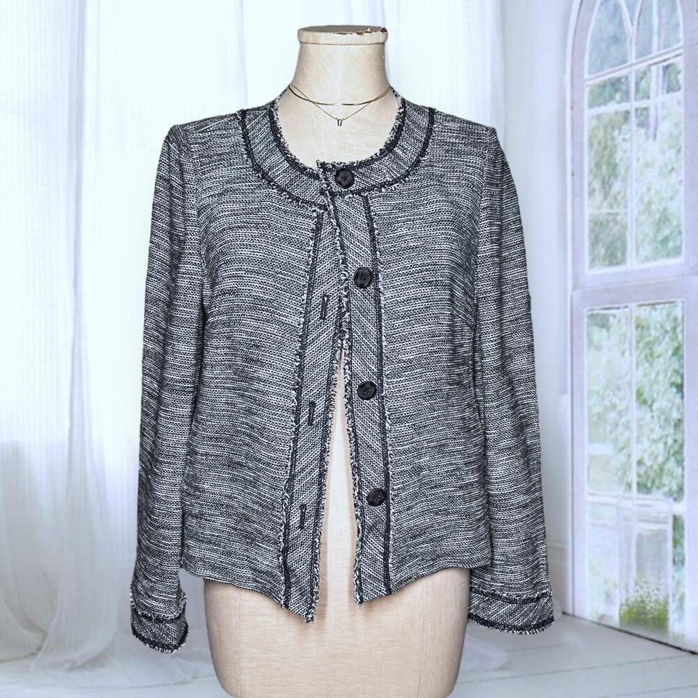 J JILL Tweed Bouclé Blazer Sport Jacket Frayed Hem Round Neck Old Money Preppy